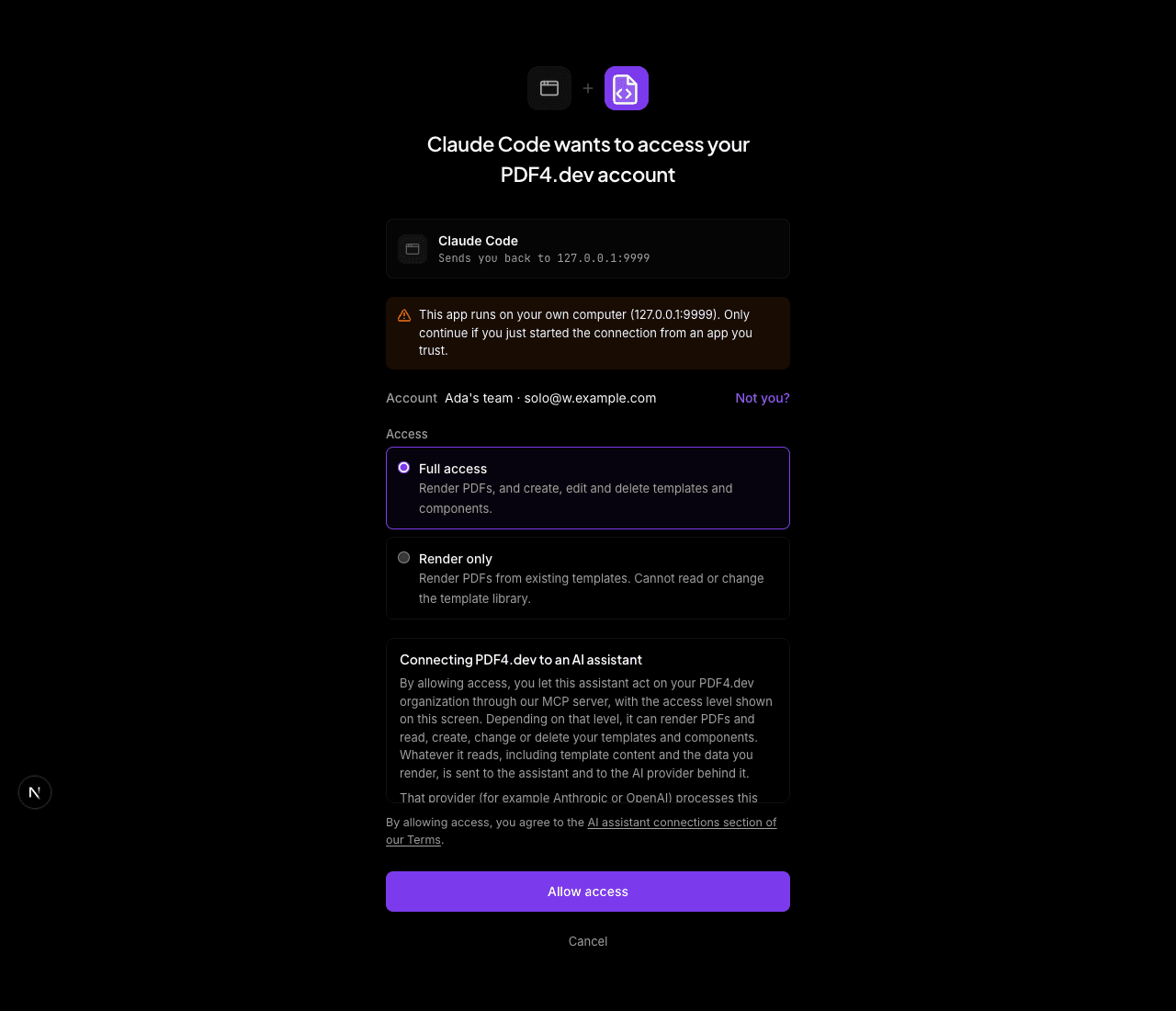 The PDF4.dev consent screen for an AI assistant, showing the account, the access level and the Allow access button