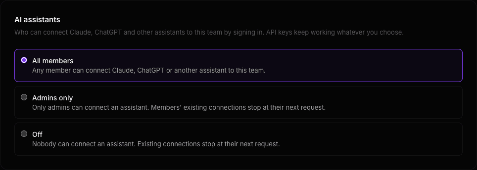The AI assistants setting in Settings, Team, with the options All members, Admins only and Off