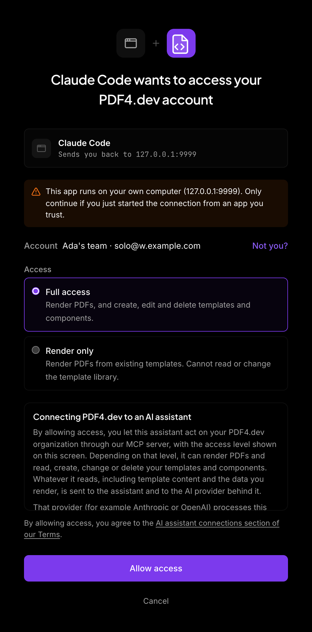 The consent screen: Claude Code wants to access your PDF4.dev account