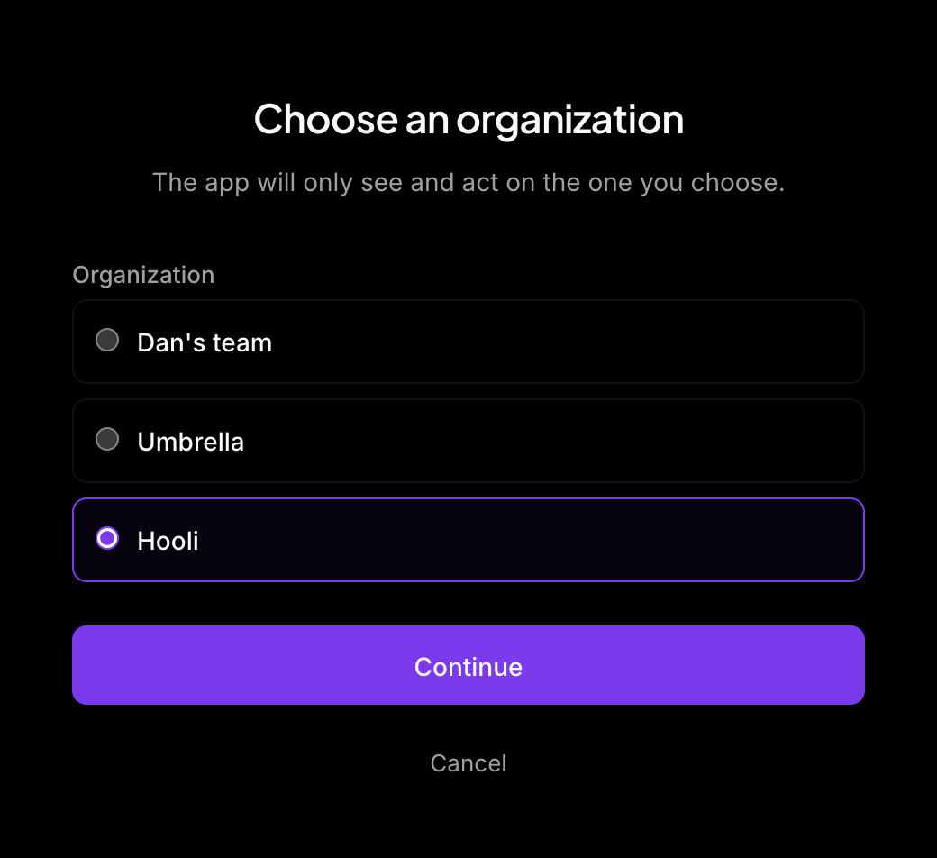 The organization picker with three organizations