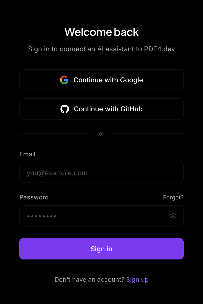 The PDF4.dev sign-in page, saying it is connecting an AI assistant